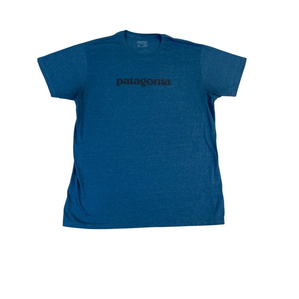 Patagonia T-Shirt Mens 2XL Heather Blue Spellout Logo Slim Fit Crew Neck Summer